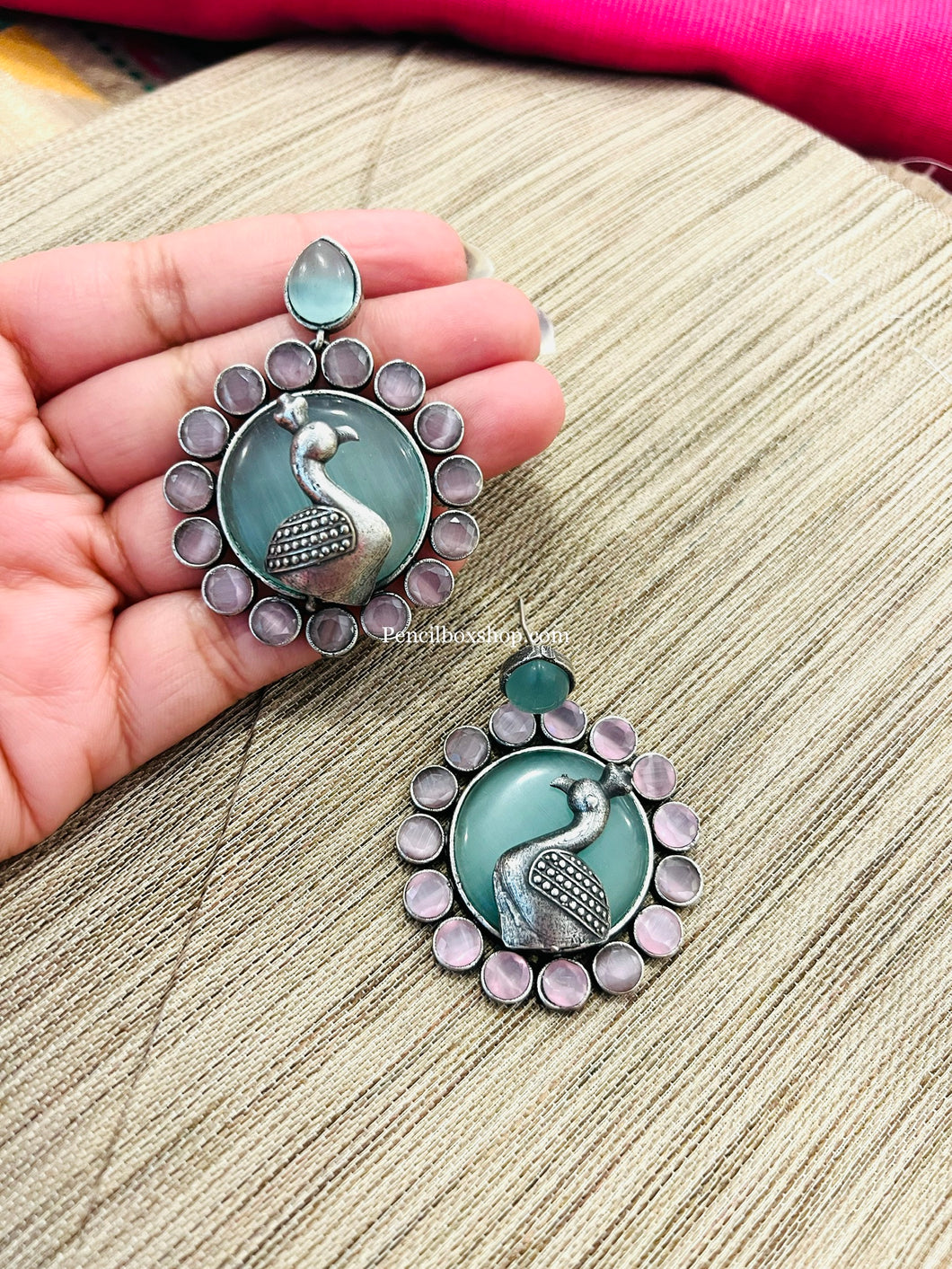 German Silver Mint Pink Peacock Dangling Earrings