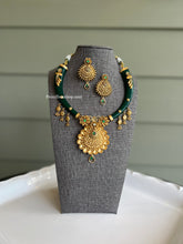 Load image into Gallery viewer, Half N half Designer Brass Made Green Golden Necklace set
