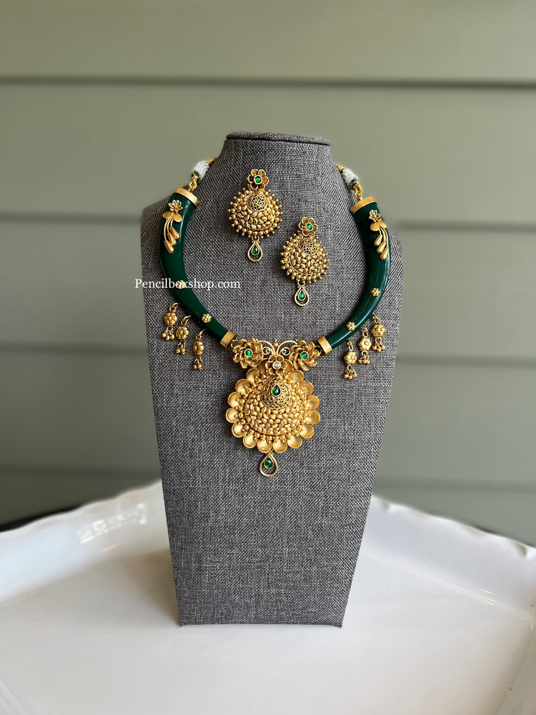 Half N half Designer Brass Made Green Golden Necklace set