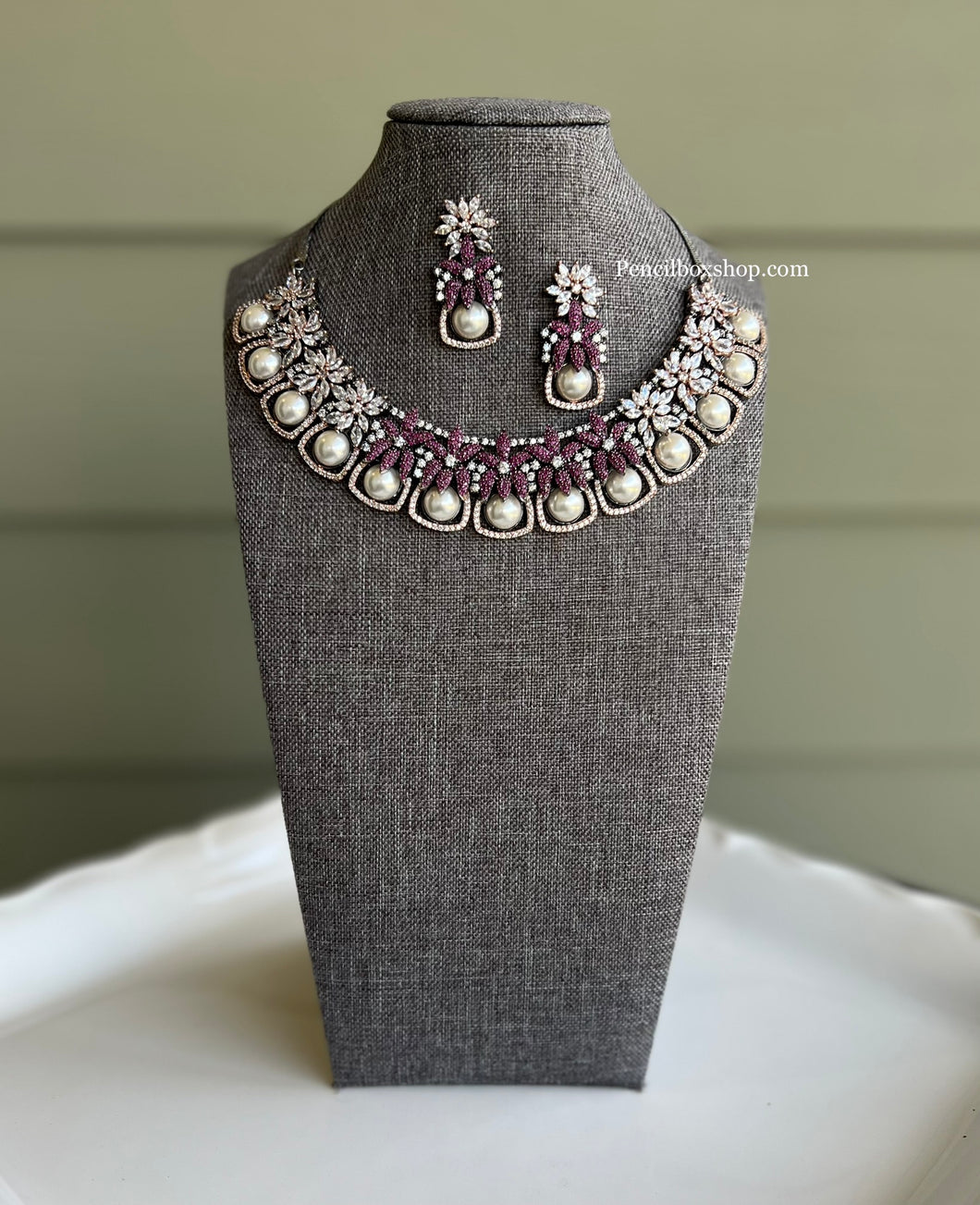 American diamond Premium Victorian Ruby Silver Dual Tone necklace set