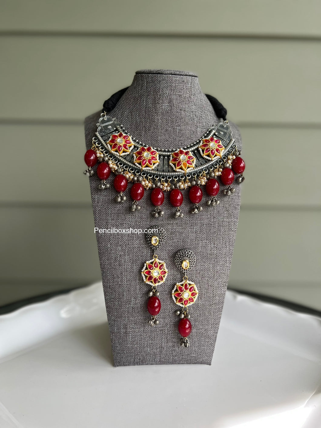92.5 Silver Coated German silver pachi Kundan Ruby Stone necklace set