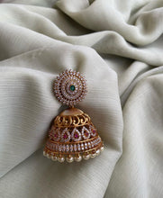 Load image into Gallery viewer, Multicolor Cz American Diamond Gold finish Temple Jhumki Earrings
