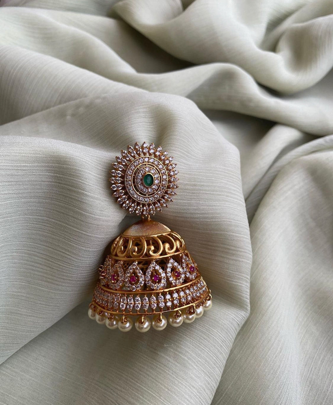 Multicolor Cz American Diamond Gold finish Temple Jhumki Earrings