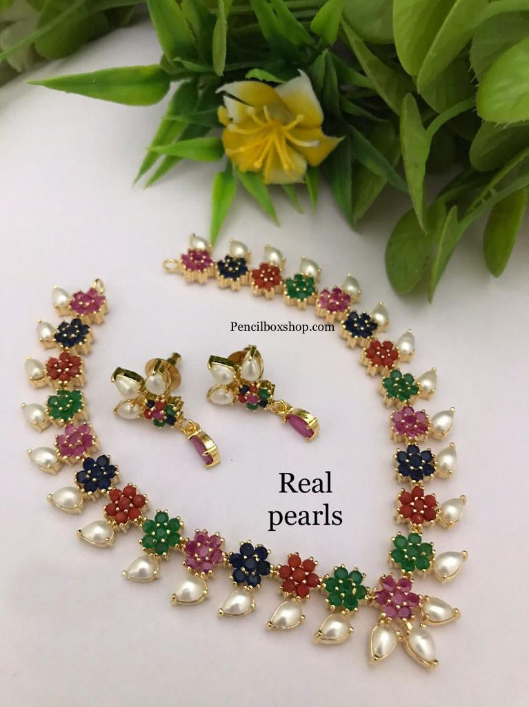 Real pearl American diamond Multicolor Premium Pearls Necklace set