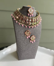 Load image into Gallery viewer, Mirror Choker with hanging beads Statement Piece Necklace Choker set with maangtikka
