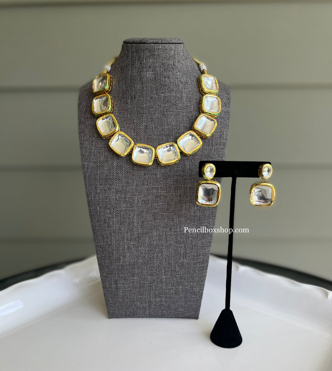 Single line Big Square Back side Meenakari Kundan Necklace set