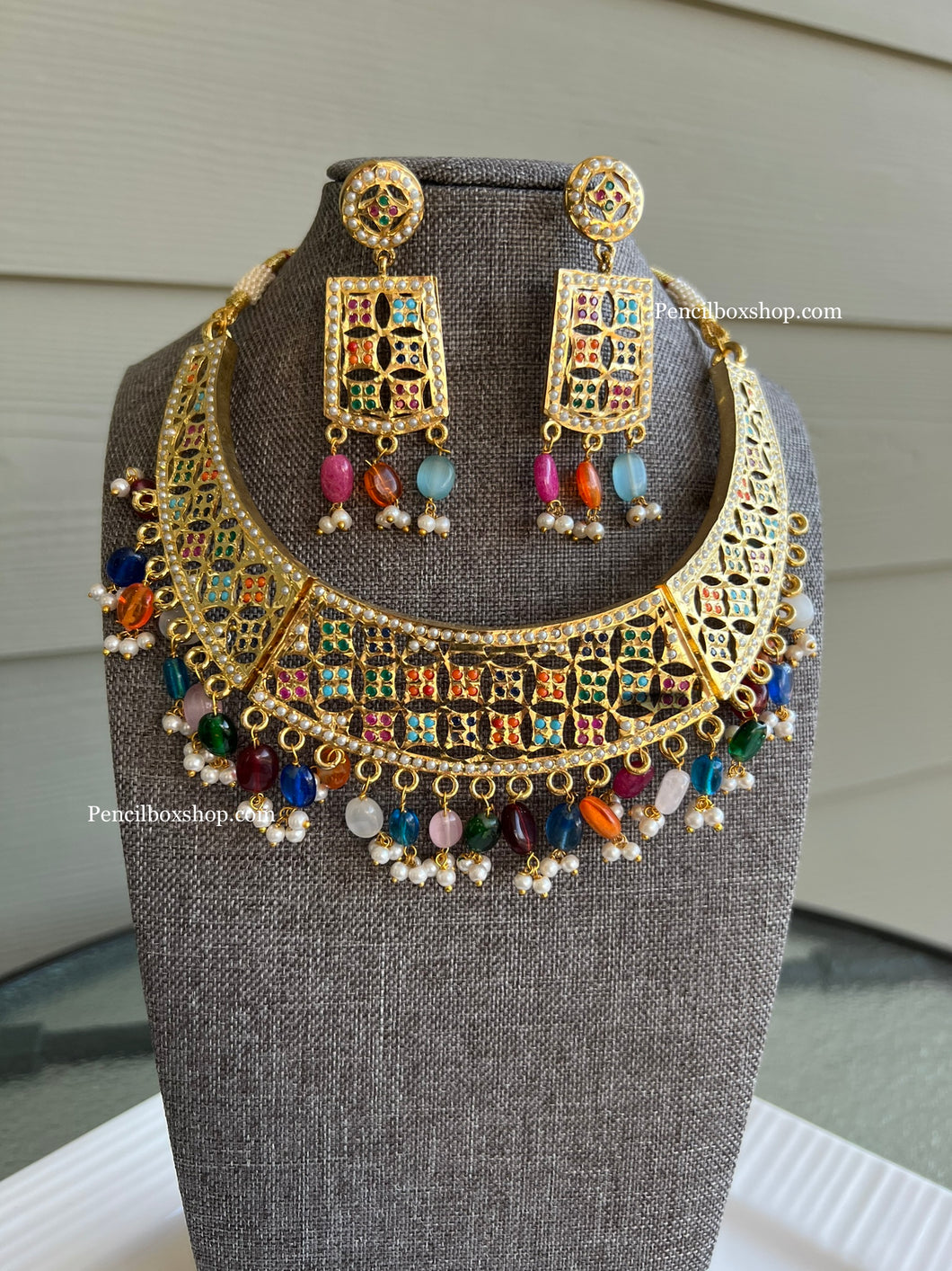 Jadau Multicolor Moti Simple Elegant Necklace set