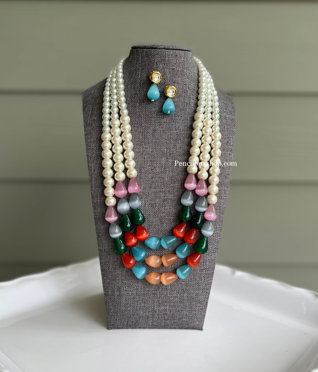 Heavy Designer kundan Pearl Glass stone Beads Three layered Statement Necklace set
