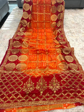 Load image into Gallery viewer, Orange Red Bandhani Square Golden Zari Border Silk Saree Elegant
