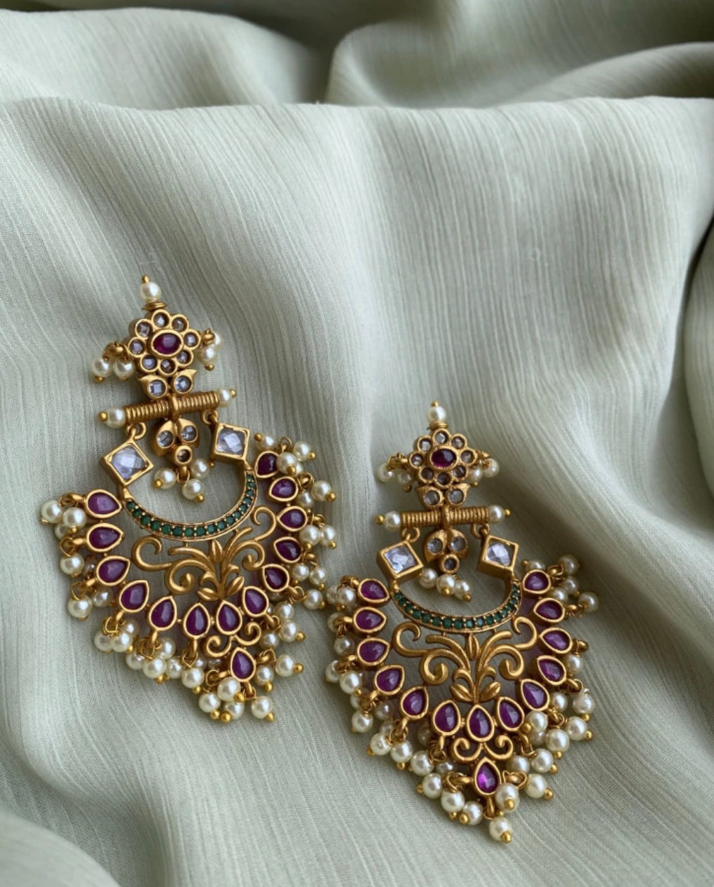 Uncut Kemp Stone Premium Quality Matte finish Stone Temple Chandbaali  earrings