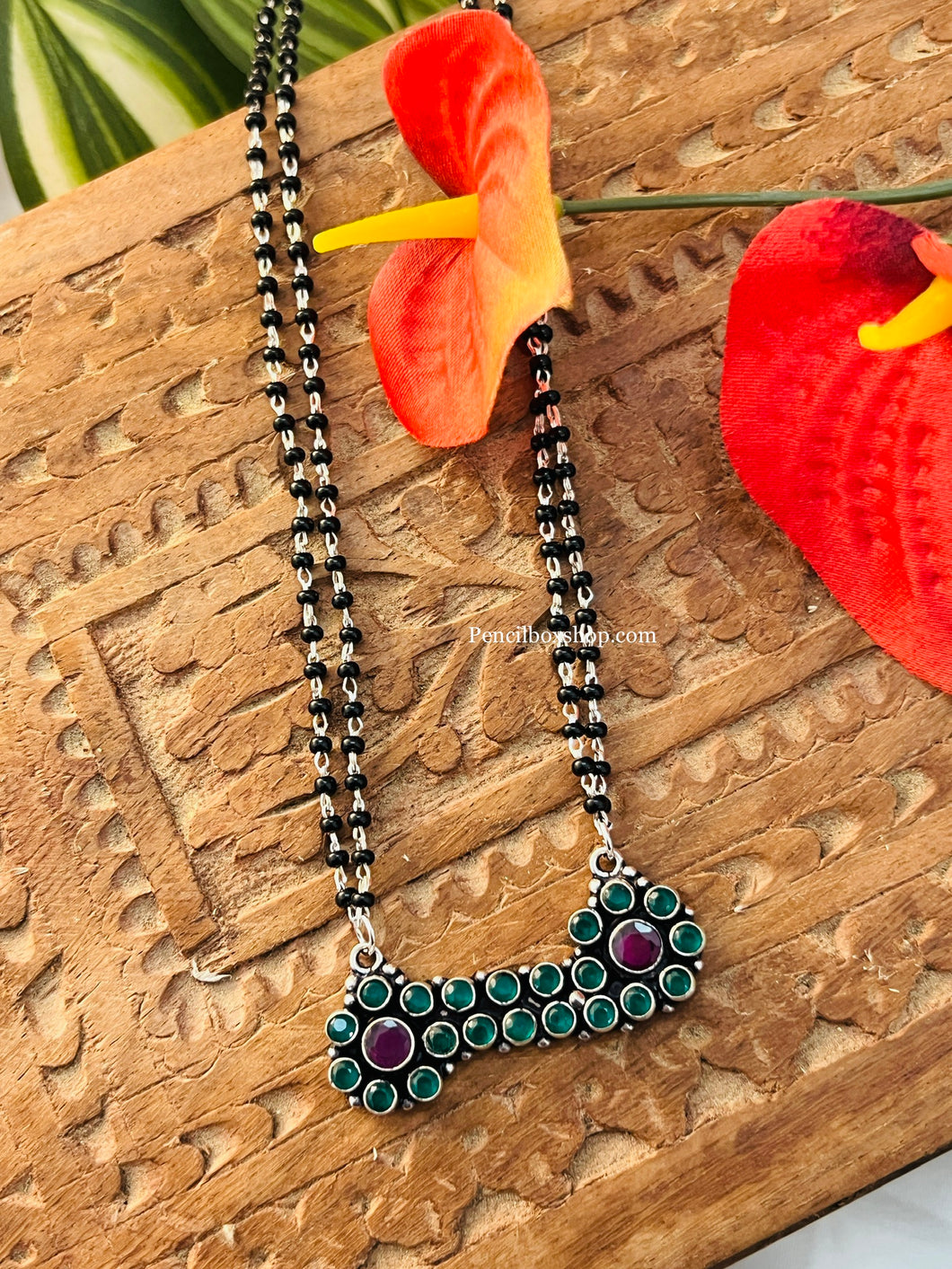 German silver Double chain Ruby Green Black beads Mangalsutra Necklace