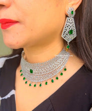 Load image into Gallery viewer, Statement American diamond Premium Emerald Green white Choker necklace set

