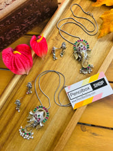 Load image into Gallery viewer, Ganesha German silver Dual Stone Green Ruby Stone Long necklace set
