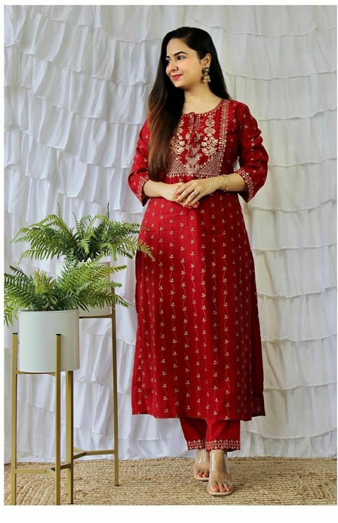 2 pc Red golden embroidery kurta with pant women clothing