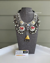 Load image into Gallery viewer, 92.5 Silver coated Pachi Kundan Fusion Dual Tone Designer statement Ghunghroo necklace
