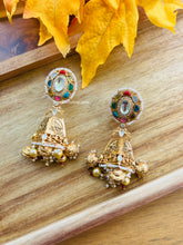 Load image into Gallery viewer, Round Amrapali Navratna Kundan Silver foiled Brass Earrings with jhumkas
