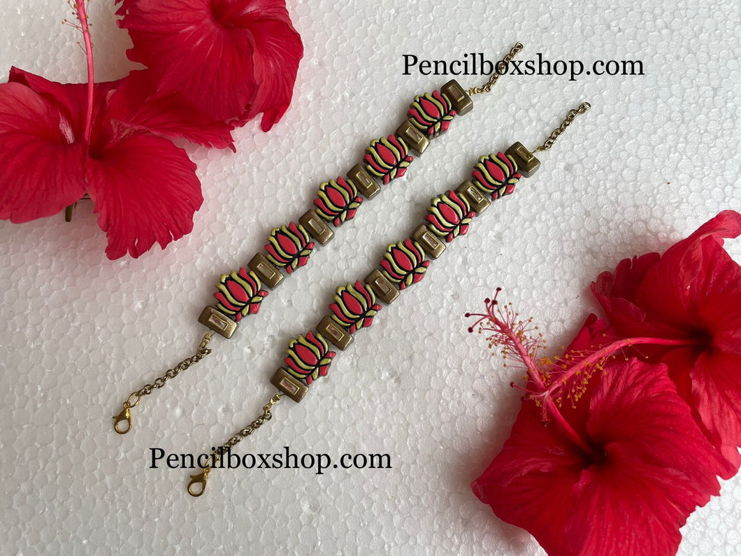 Red Golden Lotus Avisha Terracotta Handmade Bracelets