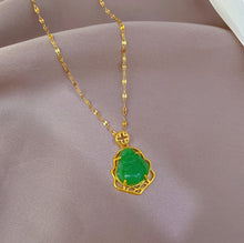 Load image into Gallery viewer, 18k gold plated Stainless steel Golden Rhinestone Brass laughing Buddha Pendant necklace with long chain IDW
