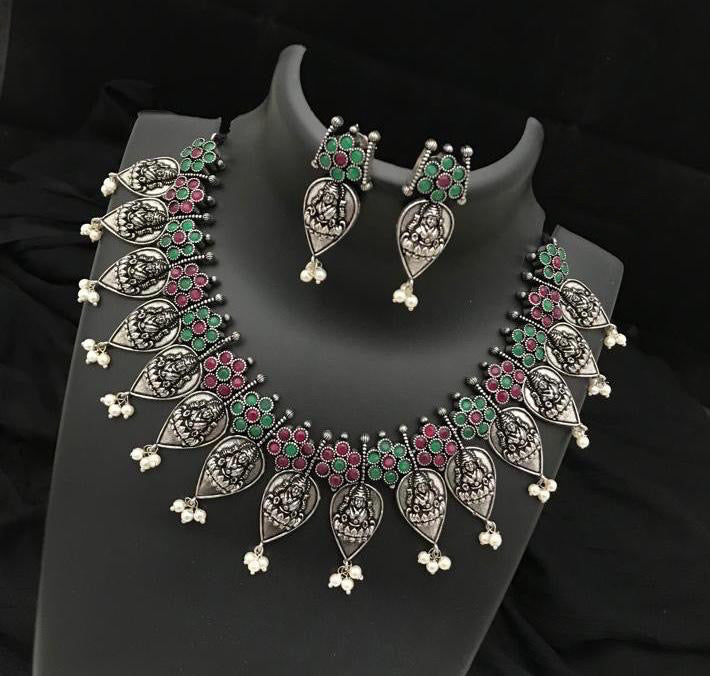 German silver Lakshmi ji double layered  necklace set