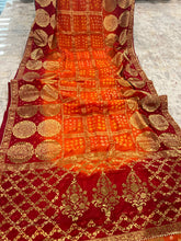 Load image into Gallery viewer, Orange Red Bandhani Square Golden Zari Border Silk Saree Elegant
