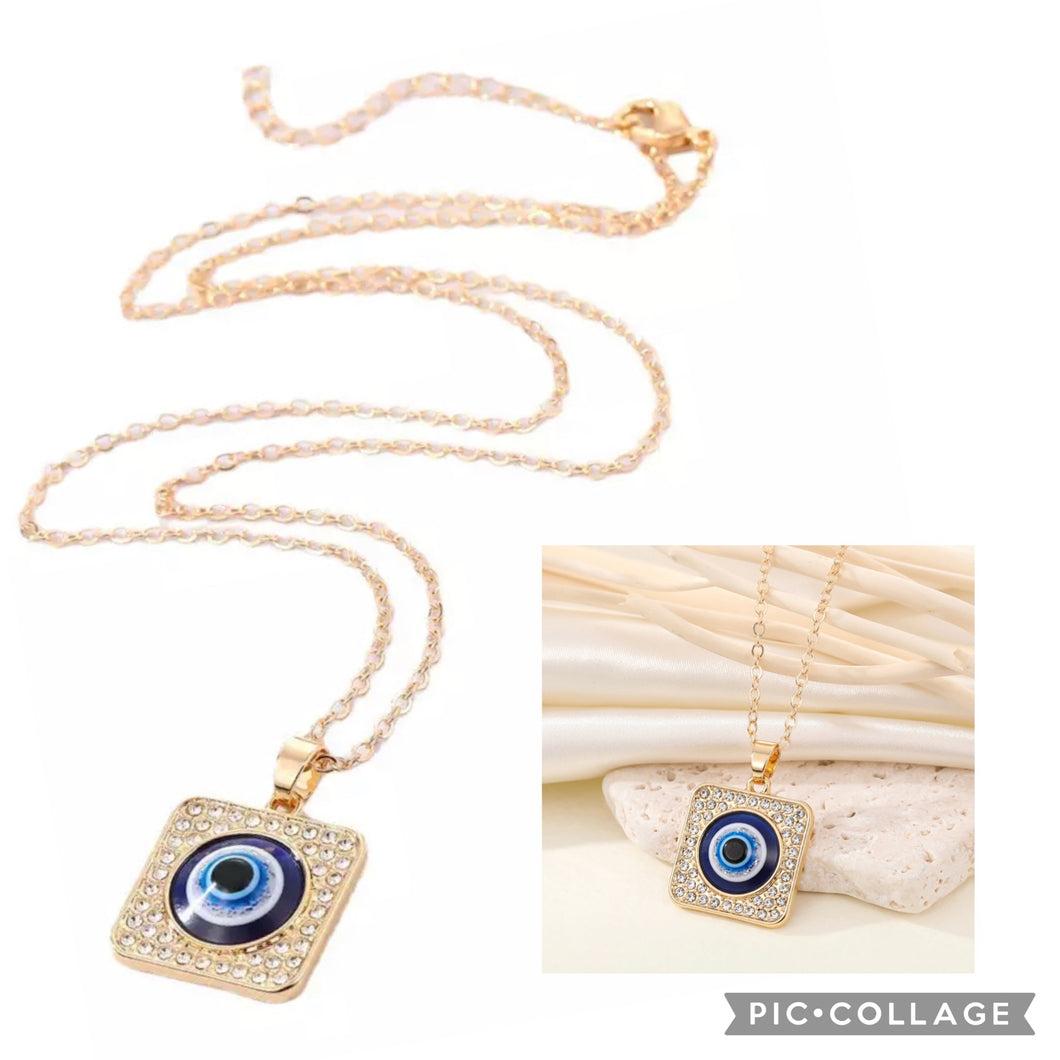 Evil eye Blue White Square Rhinestone Necklace  for protection IDW
