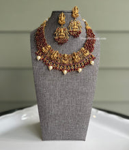 Load image into Gallery viewer, Ruby Pearl Lakshmi ji Statement Temple Hanging Kemp Stone Necklace set
