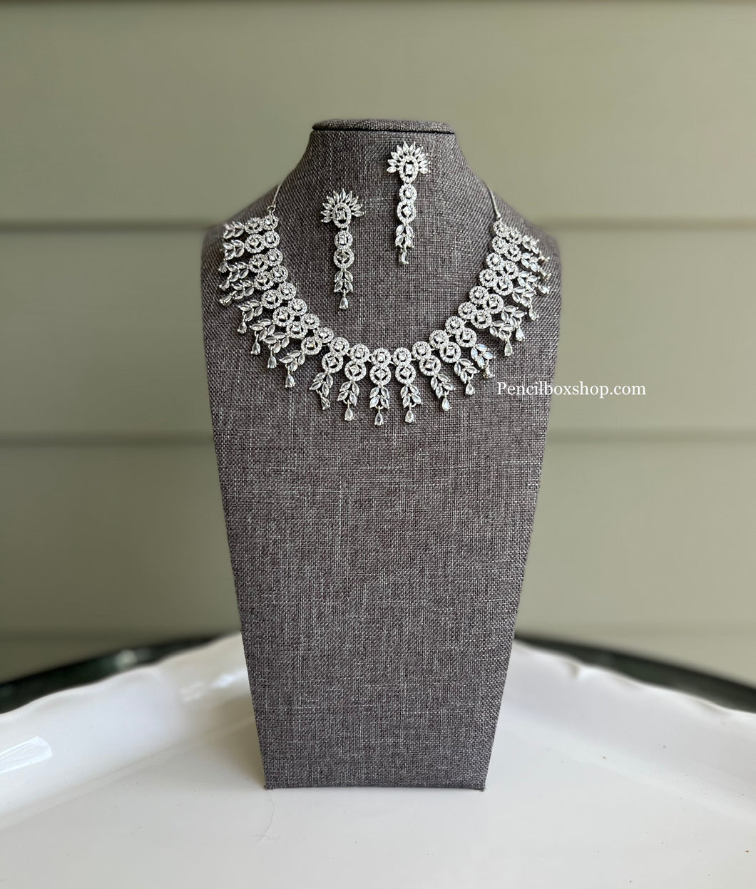 American Diamond Silver Hanging Drops Designer Necklace set
