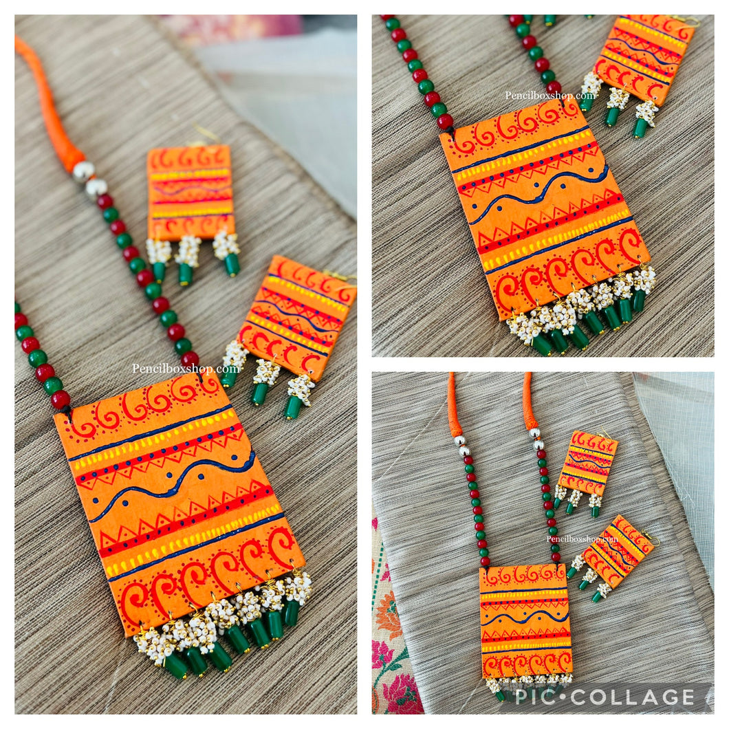 Handmade Handpainted Statement Orange Pearl multicolor necklace set