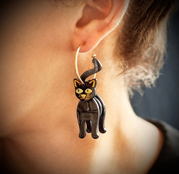Glossy Black Cat Gold Earrings for women IDW women jewelry