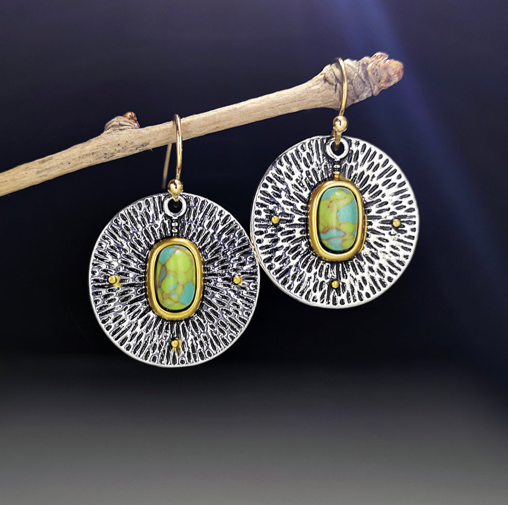 Retro Turquoise stone Silver base Small Dangling Earrings IDW