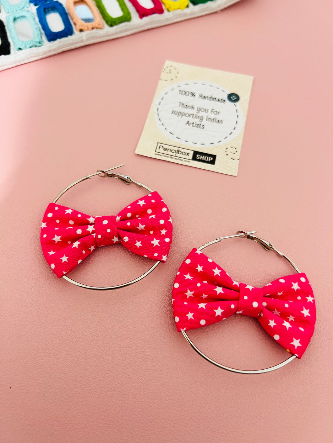 Handmade Bow Pink Star Fabric Hoop Earrings