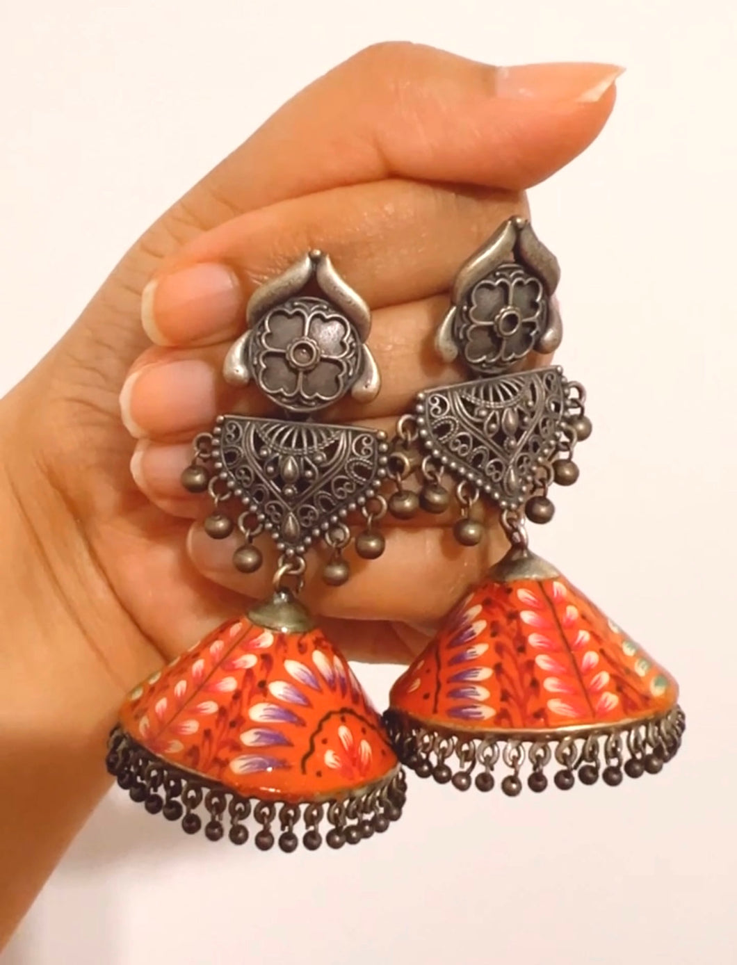 German silver Orange Ghunghroo Handpained Jhumka earrings