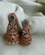 Load image into Gallery viewer, Multicolor Peacock Temple Gold Finish Stone Glass Stone jhumka cz earrings -1
