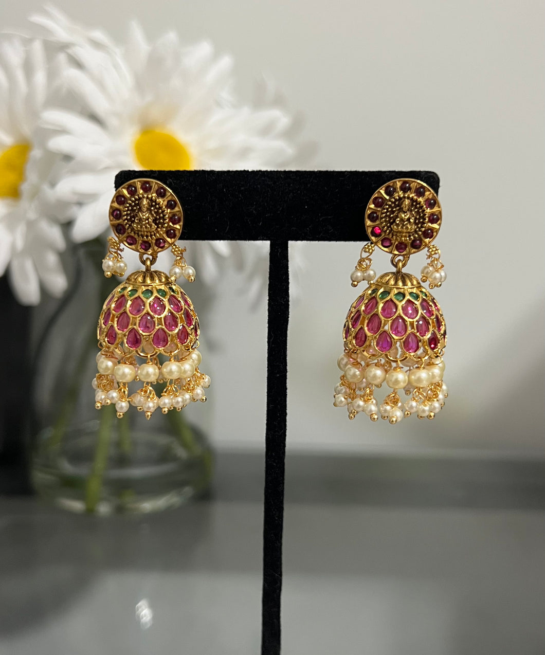 Real Kemp stone Lakshmi ji multicolor Temple Jhumka earrings