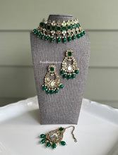 Load image into Gallery viewer, Mirror Round Beads Hanging Choker necklace set with maangtikka
