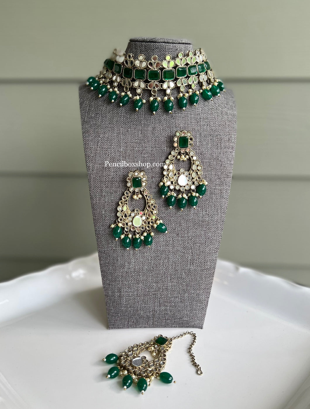 Mirror Round Beads Hanging Choker necklace set with maangtikka