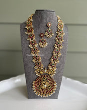 Load image into Gallery viewer, Long Guttapusalu Peacock Haram Real Kemp Stone Multicolor cz kemp Stone Necklace set temple jewelry
