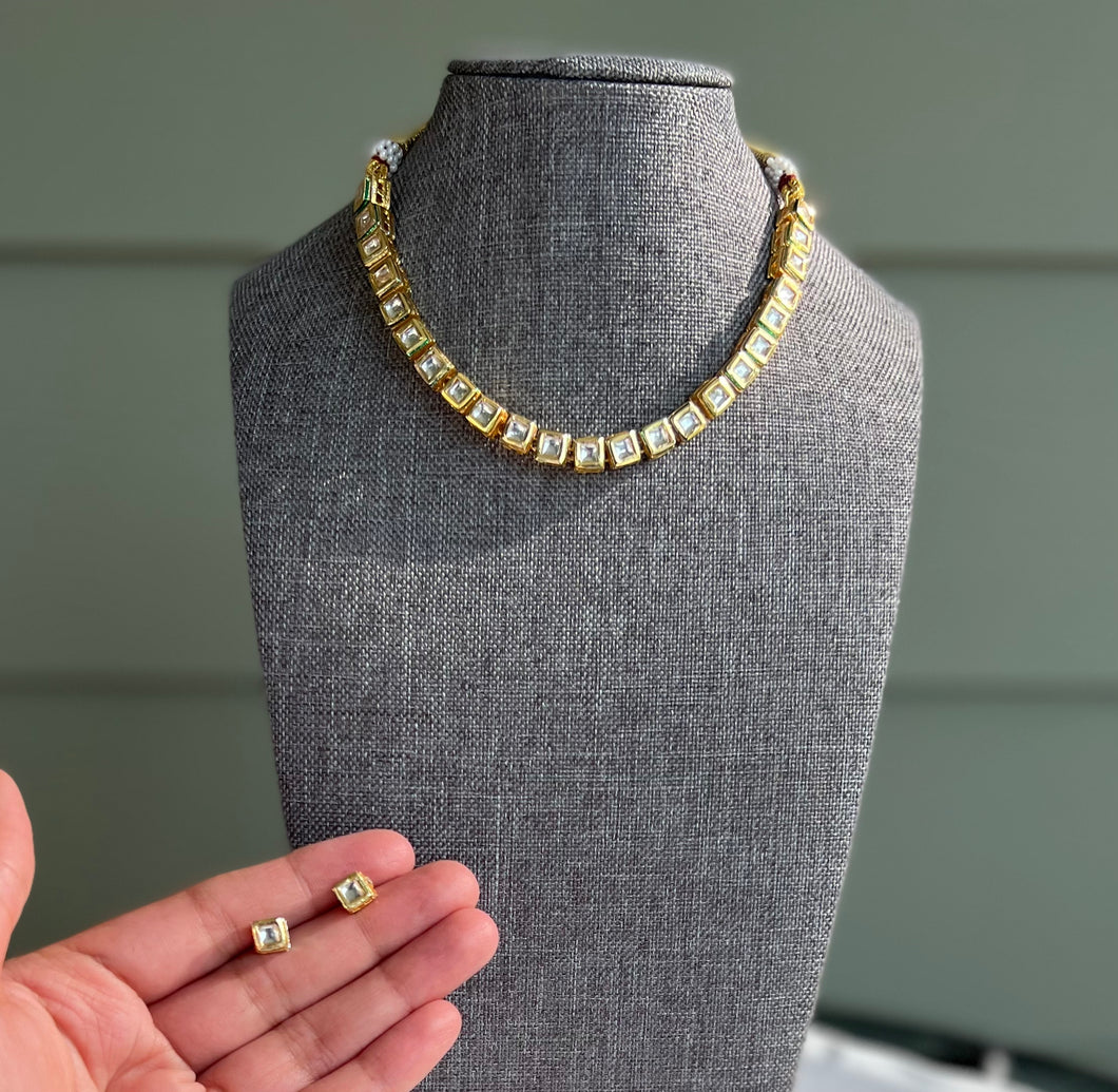 Single line Small Square Back Side Meenakari Kundan Necklace set