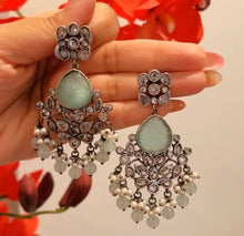 Load image into Gallery viewer, German Silver Carved Stone White stone Beads Earrings
