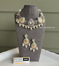 Load image into Gallery viewer, Uncut Kundan Pink Mint Meenakari Silver Foiled Necklace set
