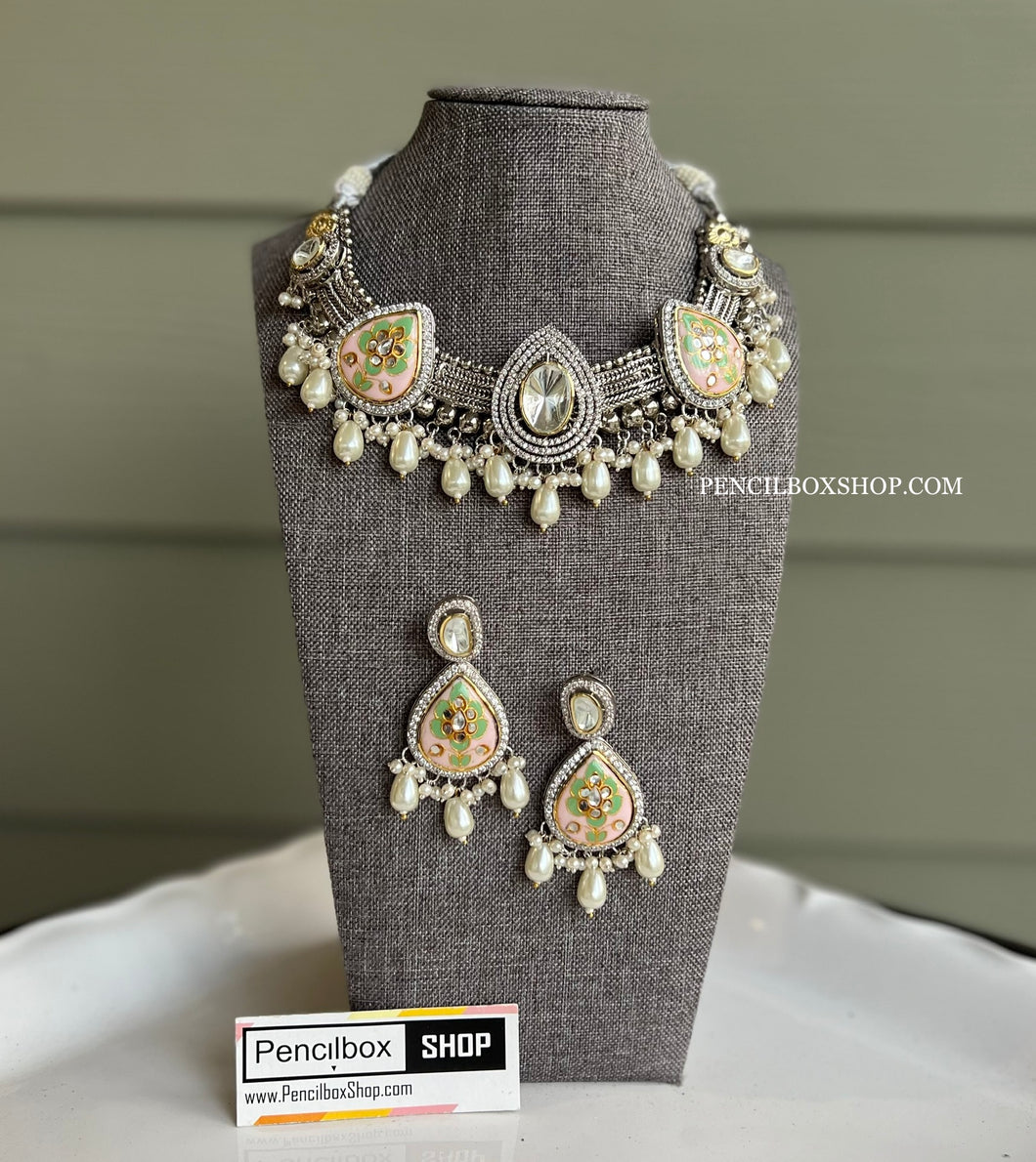 Uncut Kundan Pink Mint Meenakari Silver Foiled Necklace set