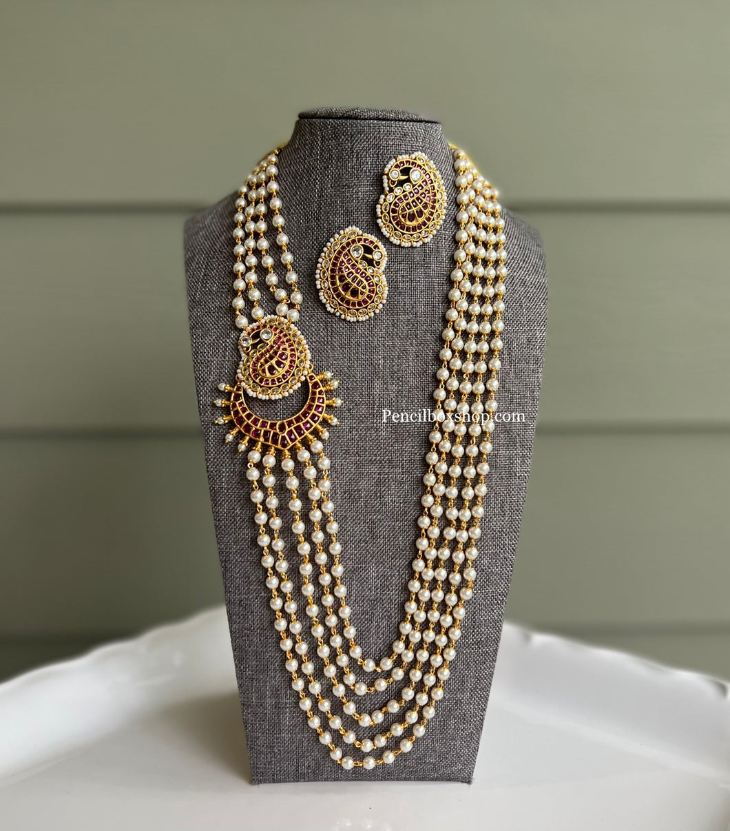 Peacock Real Kemp Stone pearl layered Statement Necklace set