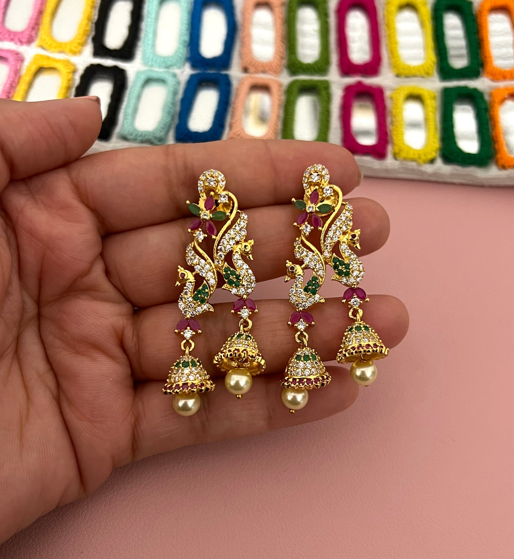 Multicolor American diamond Cz Peacock Shiny Double jhumki Temple earrings