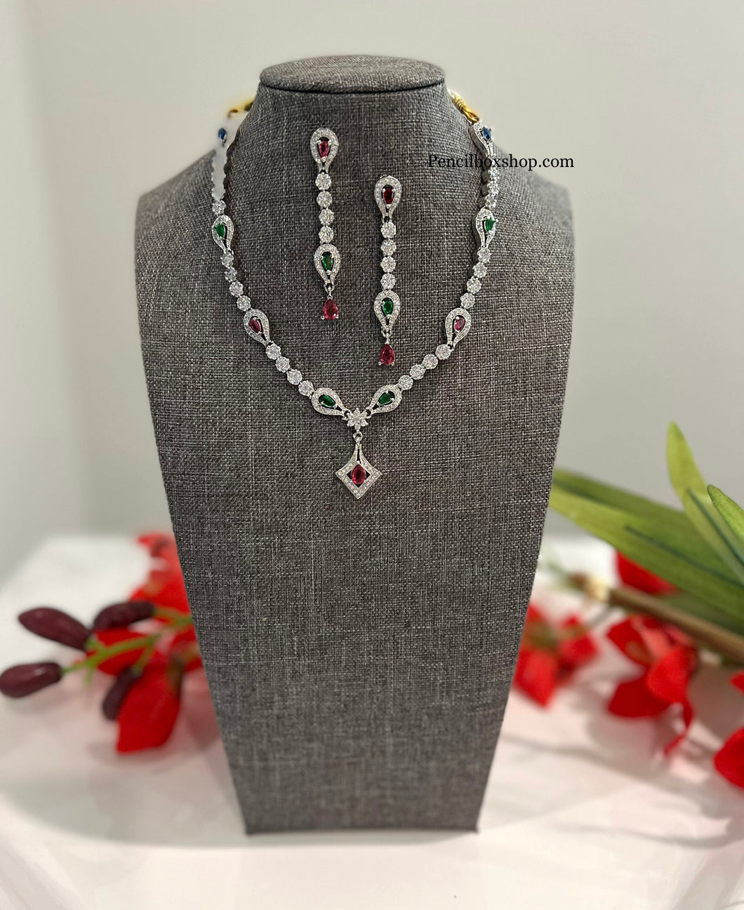 American Diamond Multicolor Single Line Flower Star Necklace set