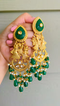 Load image into Gallery viewer, Emerald Green Baraat Silver Foiled Long Dangling Carved Stone Earrings
