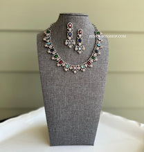 Load image into Gallery viewer, Dainty Victorian Finish Dual tone American Diamond Multicolor Necklace set
