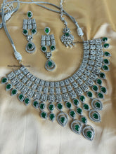Load image into Gallery viewer, American Diamond Bridal Emerald Green Choker Necklace set with Maangtikka
