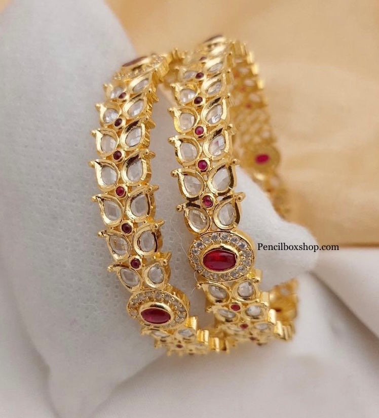 Set of 2 Bangles Cz Ruby Stones Daily wear gold finish
