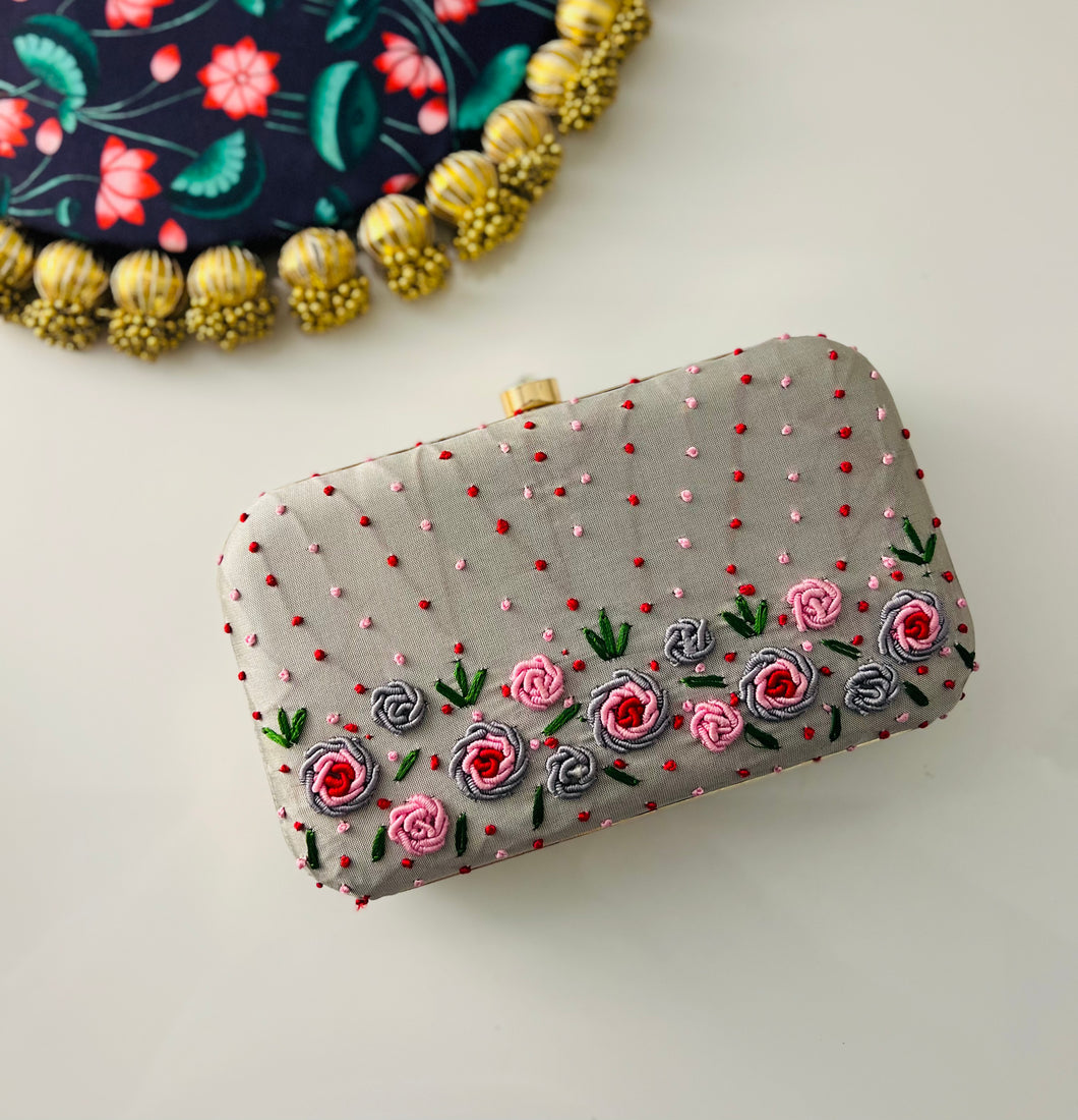 Grey Multicolor Embroidery Ethnic clutch for women with chain