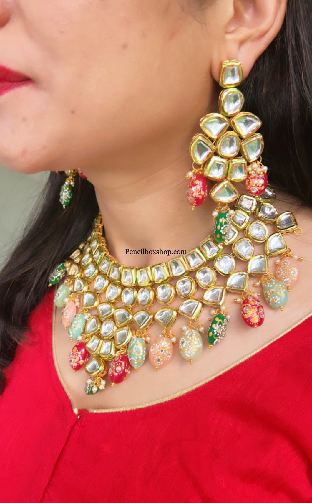 Kajal Heavy Premium Quality Kundan with Tanjore Beads Necklace set with maangtikka